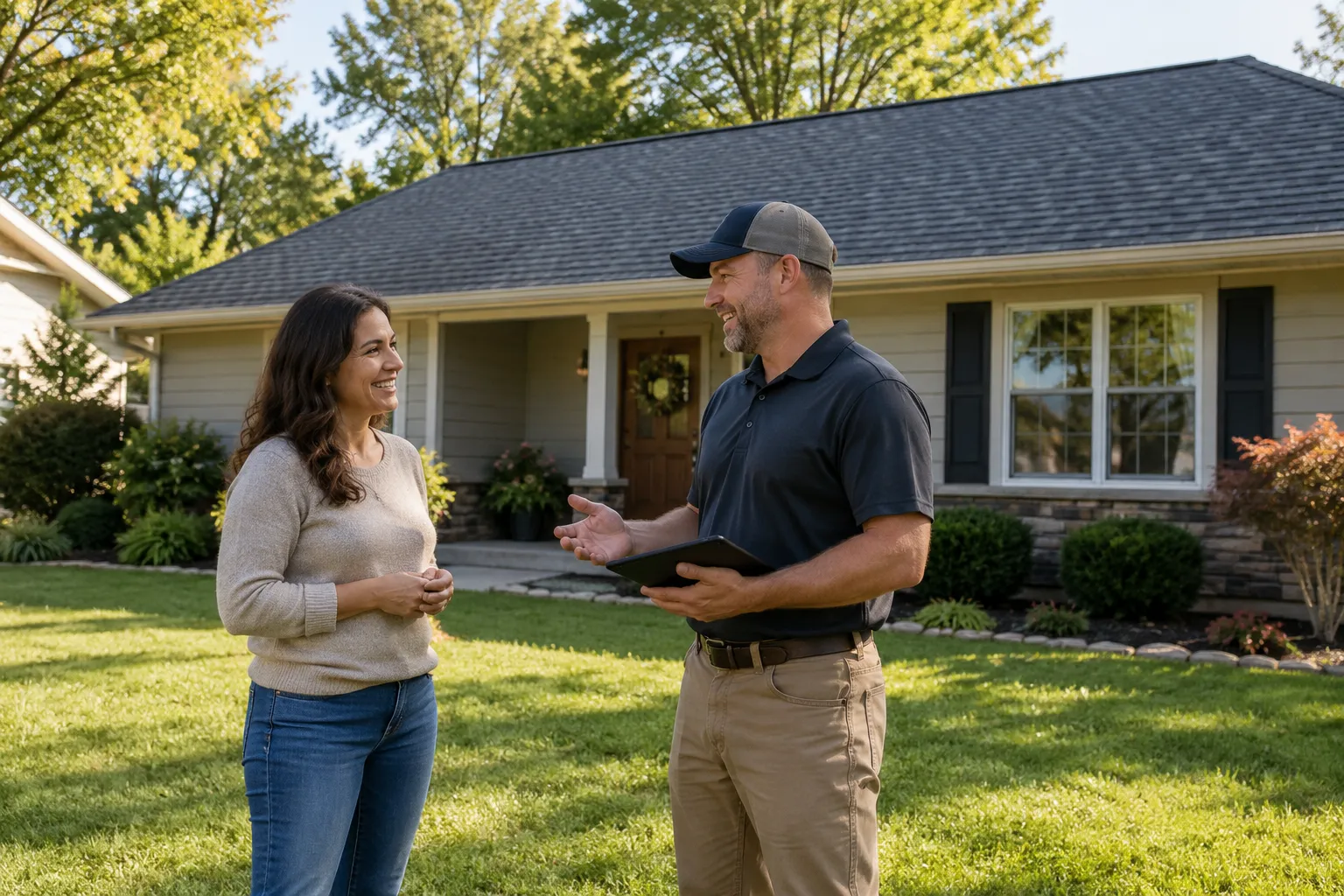 A friendly home with a freshly finished roof in Dayton on a clear morning